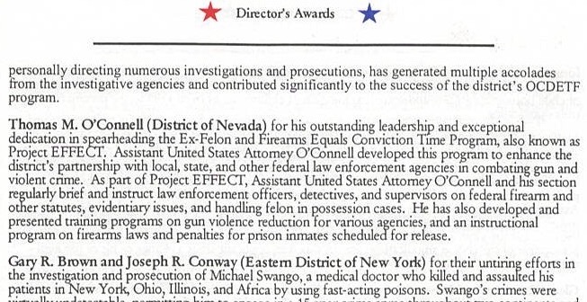 U.S. Dept. of Justice Director’s Award in 2001